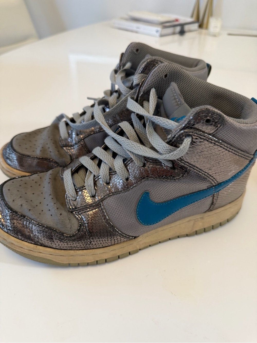 Nike Kids Metallic Gray High-Top Sneakers with Blue Swoosh